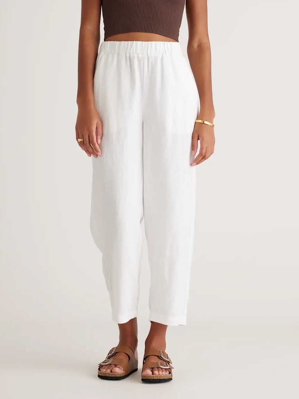 Quince White Elastic-Waist Cropped Linen-Blend Pants